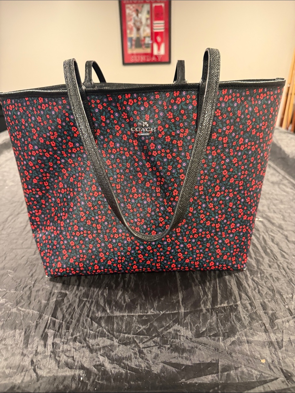 Coach Black Tote with Red Floral Print - Picture 1 of 6